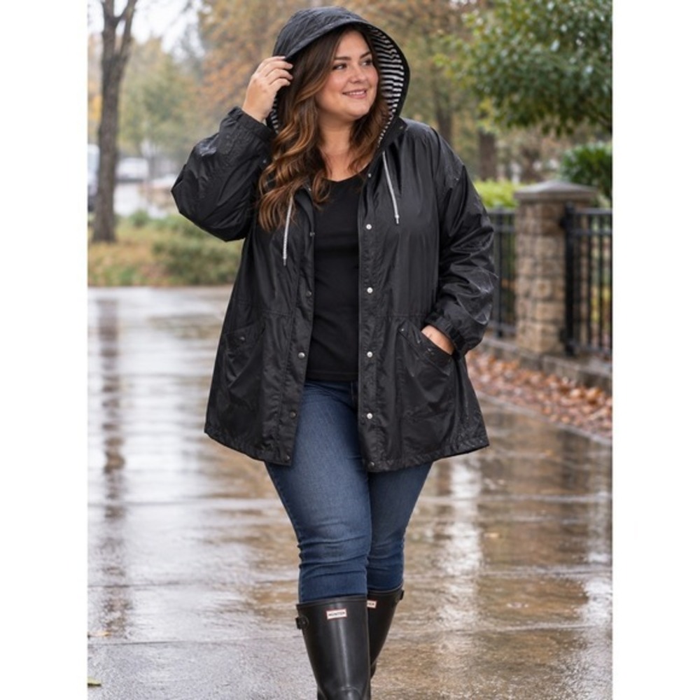 Womens Black Hooded Windbreaker Jacket Striped Hood Lining Size 5XL